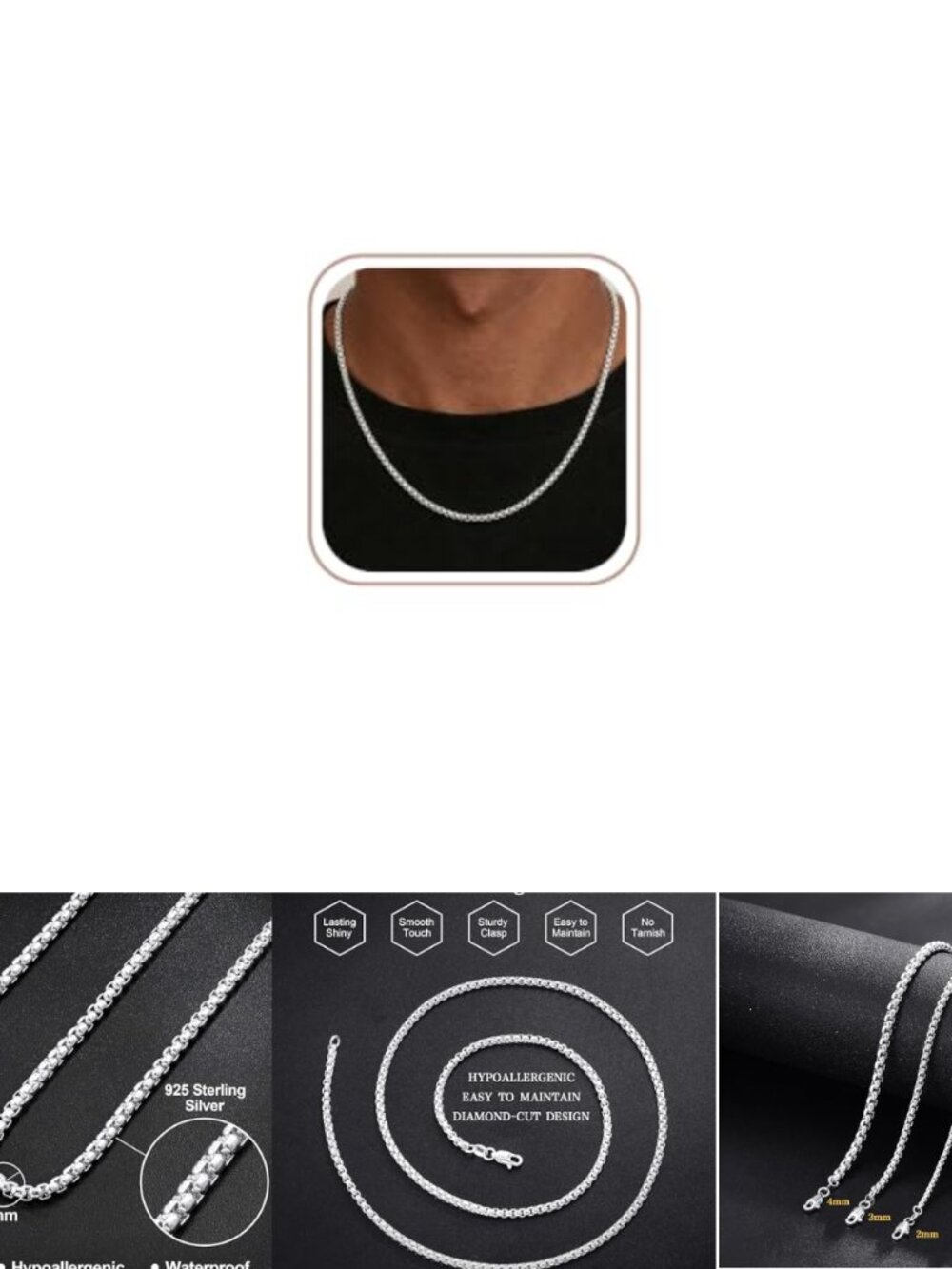 925 Sterling Silver Round Box Chain Necklace Men's 2mm Classic Shine